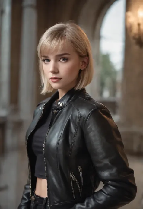 full body Realism, a 14 - year - old girl,  short blonde hair, big breast, bangs falling, face, light makeup, dressed in a blac leather jacket, dressed in black latex pant, high hels boots