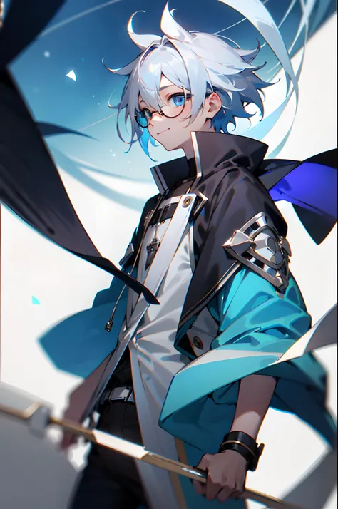 (Male child, eye glasses,blue eyess，A smile, silber hair)