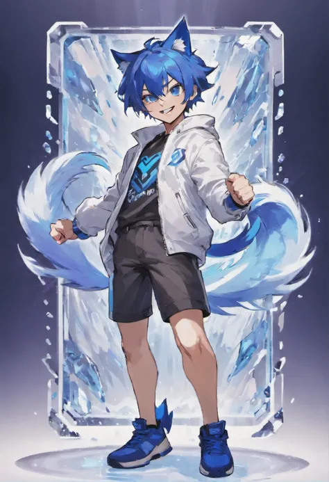 1boys, (16 yaers old), Blue hair, Short hair, Blue fox ears, Blue fox tail, White jacket, Blue shirt, Black shorts, Red sneakers, full bodyesbian, standing, (Happy smile), Power on ice, Gacha card background, Juvenile pose, Blue eyes