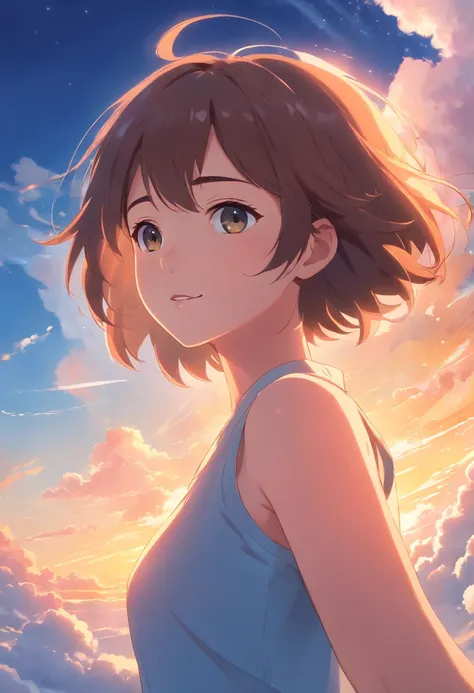 masterpiece, best quality, movie still, 1girl, cloud girl, floating in the sky, close-up, bright, happy, warm soft lighting, sunset, (sparks:0.7)