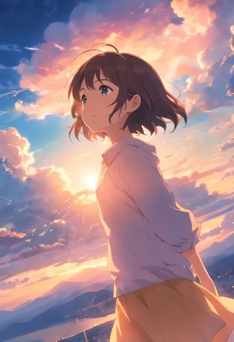 masterpiece, best quality, movie still, 1girl, cloud girl, floating in the sky, close-up, bright, happy, warm soft lighting, sunset, (sparks:0.7)