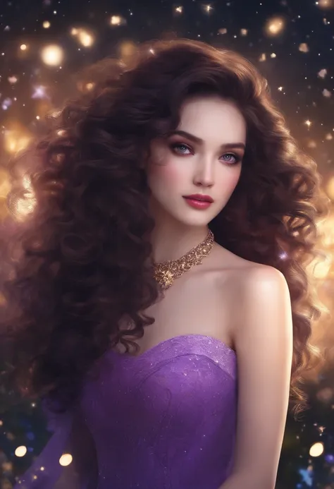 Detailed background, masutepiece, Best Quality, 1 person , Curly hair, Long hair, Purple eyes, stars in the eyes , Strapless blouse, long  skirt