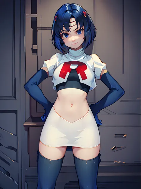 catria_white,1girl,team rocket,team rocket uniform, red letter R, white skirt,white crop top,black thigh-highs,black elbow gloves, evil smile, hands on hips