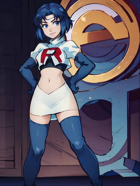 catria_white,1girl,team rocket,team rocket uniform, red letter R, white skirt,white crop top,black thigh-highs,black elbow gloves, evil smile, hands on hips