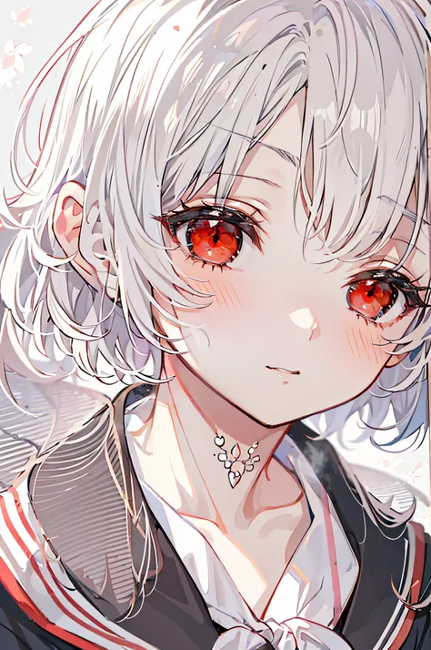 animemanga girl，with short white hair，Red pupils，4k画质，Extremely delicate，JK sailor suit