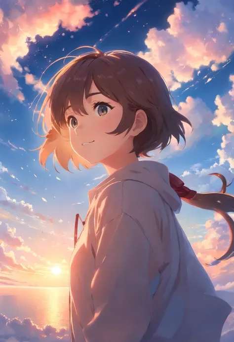 masterpiece, best quality, movie still, 1girl, cloud girl, floating in the sky, close-up, bright, happy, warm soft lighting, sunset, (sparks:0.7)