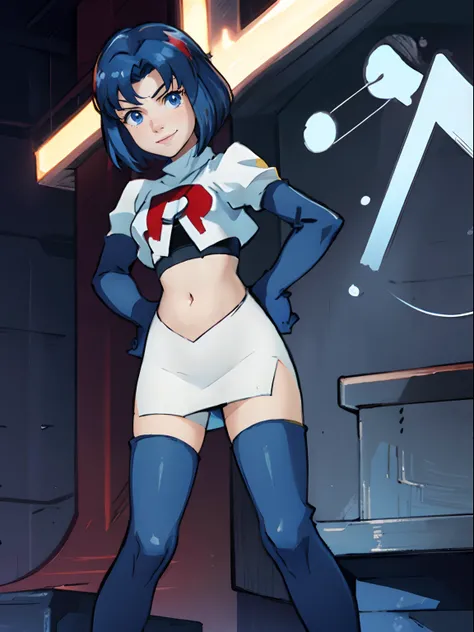 catria_white,1girl,team rocket,team rocket uniform, red letter R, white skirt,white crop top,black thigh-highs,black elbow gloves, evil smile, hands on hips