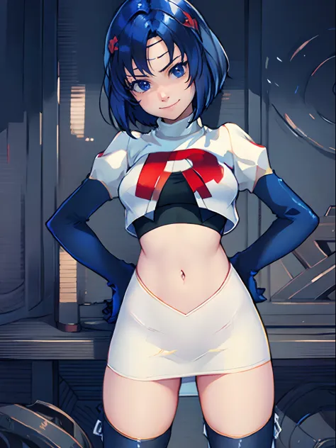 catria_white,1girl,team rocket,team rocket uniform, red letter R, white skirt,white crop top,black thigh-highs,black elbow gloves, evil smile, hands on hips