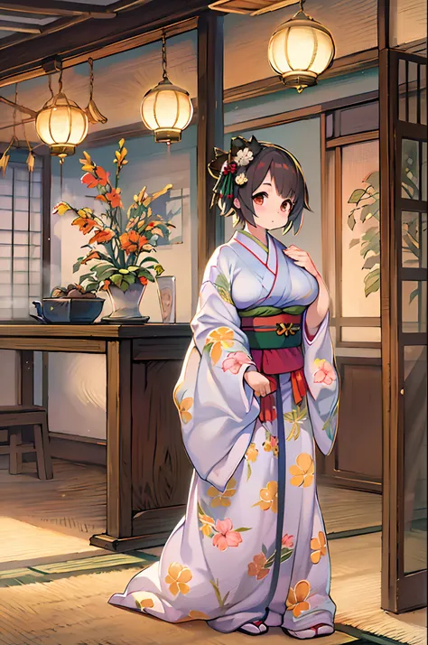 (8K, Best Quality, masutepiece, Ultra high definition: 1.2),Kimono,traditional Japanese room,Hakama,fullllbody、huge-breasted、bbw