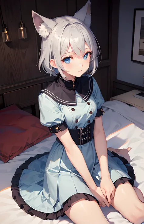 ​masterpiece,Top image quality,hight resolution,imagem 4k,Raw photo,Photorealsitic,{Solo},teens girl,silber hair,Bery short hair,stare at each other,Blue eyes,小柄,Silver fox ears,Fox tail,on the beds,Princess,doress,frilld,boyish,,