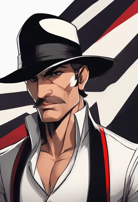 Cartoon of a man with a black hat and vest wearing a white shirt, Character with black hat and red stripe, homem com barbicha, imagem dos desenhos animados, personagem gordo, personagem de desenho animado, Buttoned shirt up to the neck, desenho animado pat...