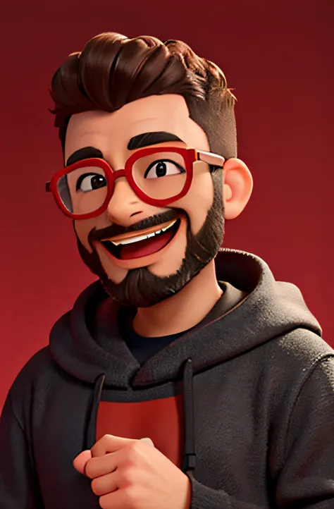 a happy man, hearing a black hoddie, beard, short curly hair, solid red background, glasses