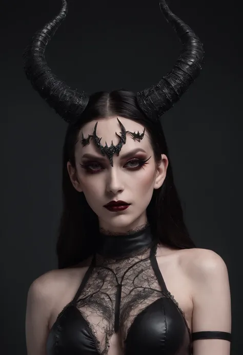 demon woman with horns dressed in fetish lingerie posing for a photo in a dark minimal studio, darksynth aesthetic, minimal background, goth makeup, bizarre fashion photography, ultra detailed, masterpiece.