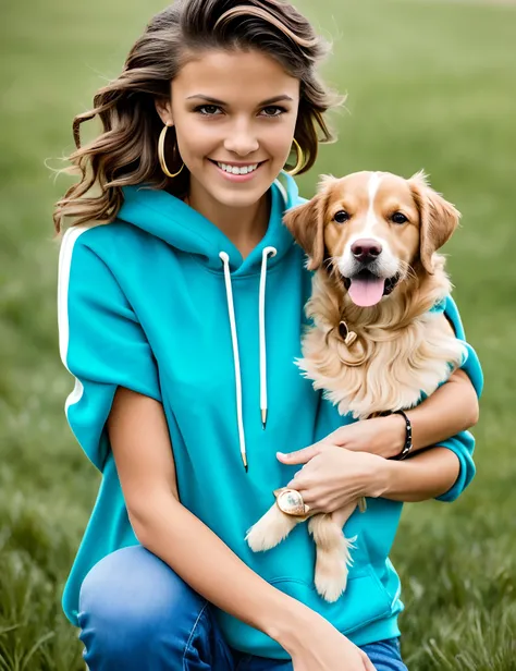 A realistic image of beautiful brunette petite woman light to medium skin with skinny but curvy body type with big blue eyes and long eyelashes a aquamarine hoodie that says Mama, Wife, Blessed Life and fitted skinny jeans outside on green grass with a wed...