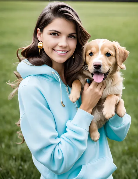 A realistic image of beautiful brunette petite woman light to medium skin with skinny but curvy body type with big blue eyes and long eyelashes a aquamarine hoodie that says Mama, Wife, Blessed Life and fitted skinny jeans outside on green grass with a wed...