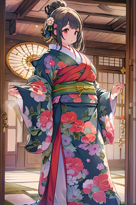 (8K, Best Quality, masutepiece, Ultra high definition: 1.2),Kimono,traditional Japanese room,Hakama,fullllbody、huge-breasted、bbw