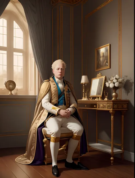 {King George III  in his royal attire and iconic powdered wig, sitting on his royal toilet with an extremely exhausted facial expression}, Realistic Style inspired by Greg Rutkowski, Art Station Influencer, Wide Angle Lens, Medium Shot, (Highly Detailed:1....