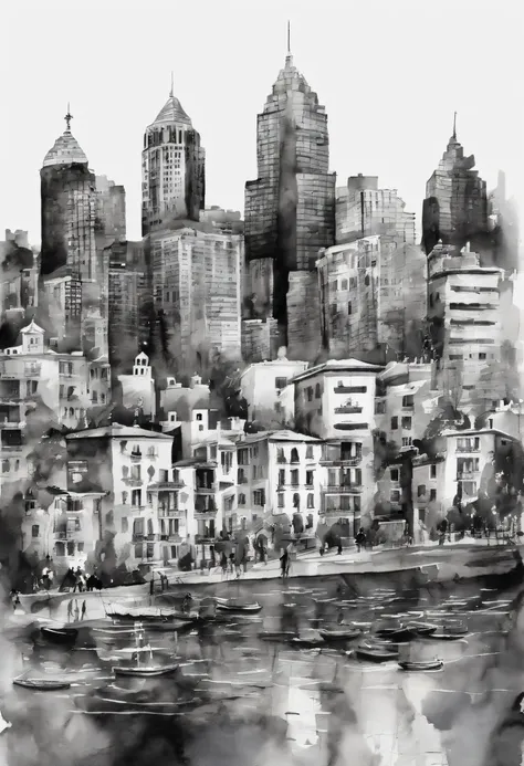 Fotos en blanco y negro de una ciudad con agua azul, in the style of contemporary collage, GIF animados, Album covers, fluido, Alto detalle, Yankeecore, alivio