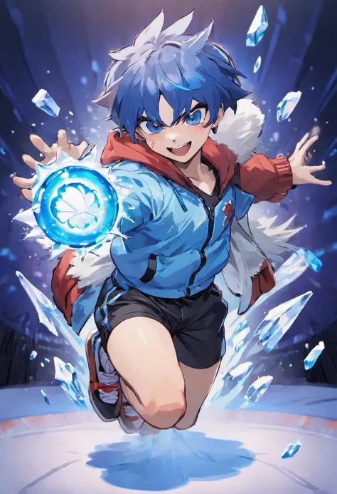 1boys, (16 yaers old), Blue hair, Short hair, Blue fox ears, Blue fox tail, White jacket, Blue shirt, Black shorts, Red sneakers, full bodyesbian, standing, (Happy smile), Power on ice, Gacha card background, Juvenile pose, Blue eyes