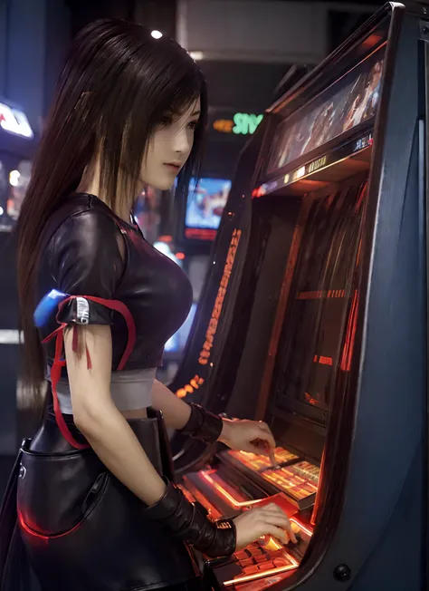 1 thin girl, tifa, solo，analog technology, mechanical delay,  standing，side view，play arcade game,  arcade ，masterpiece, best quality, high quality, extremely detailed，anatomy correct