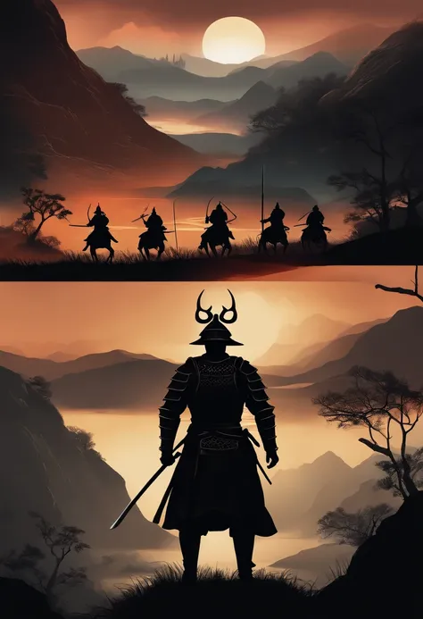 Create a realistic digital illustration that depicts a samurai wearing full black armor, dating back to the year 1579 in ancient Japan, Positioned head-on on a battlefield during an epic confrontation. A imagem deve destacar o samurai, com sua espada brilh...