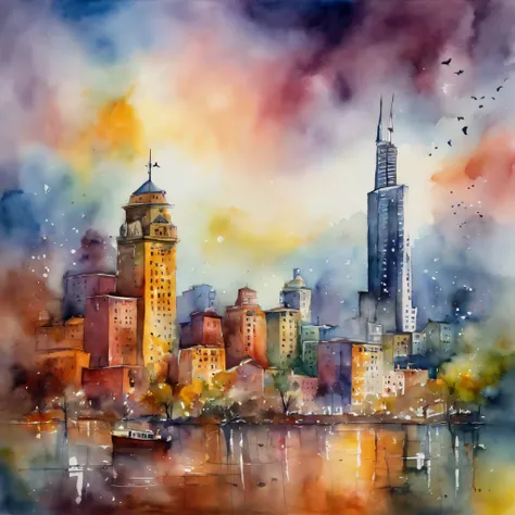 Uma grande cidade em estilo disco-elysium, starly sky, sky scraper, An abundance of colors, Aquarela expressionista