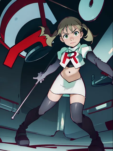 maka albarn, twintails, team rocket,team rocket uniform, red letter r, white skirt,white crop top,black thigh-highs,black elbow ...