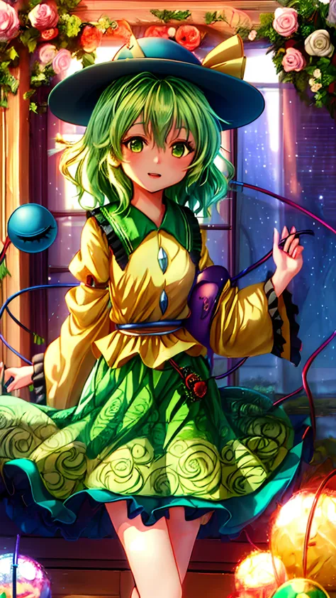 1girl, pixarstyle, cowboy shot, anime girl with green curly hair, a hat and a floating eye, from touhou, touhou project, loli, k...