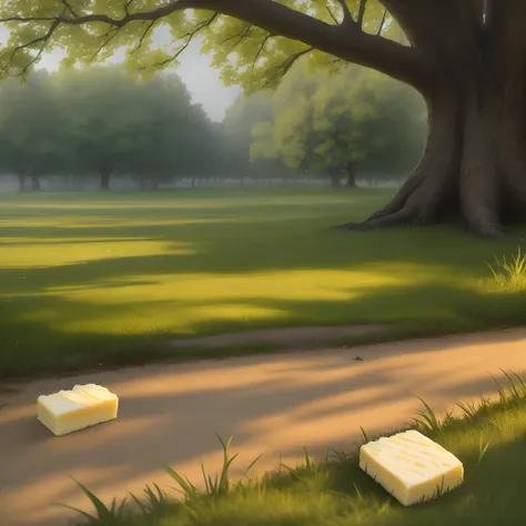 Stick of butter laying outside under an oak tree in the morning