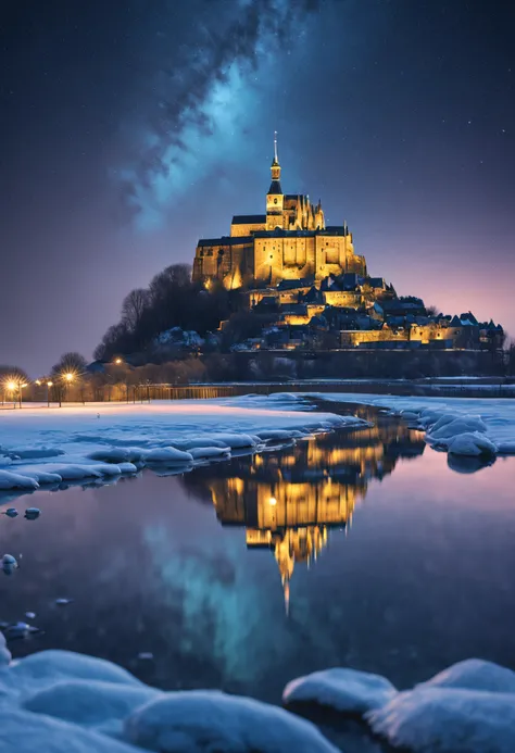 (high quality,4k,8k,highres,masterpiece:1.2),ultra-detailed,(realistic,photorealistic,photo-realistic:1.37),Mont-Saint-Michel reflection on frozen water,night,castle,water,icy reflection,glowing lights,frozen river,mystical aura,majestic,ethereal,Aurora Bo...