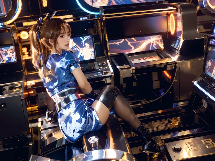 1girl, kasumidoa, solo, analog technology, mechanical delay, sitting，look back，play arcade game, arcade ，masterpiece, best quali...