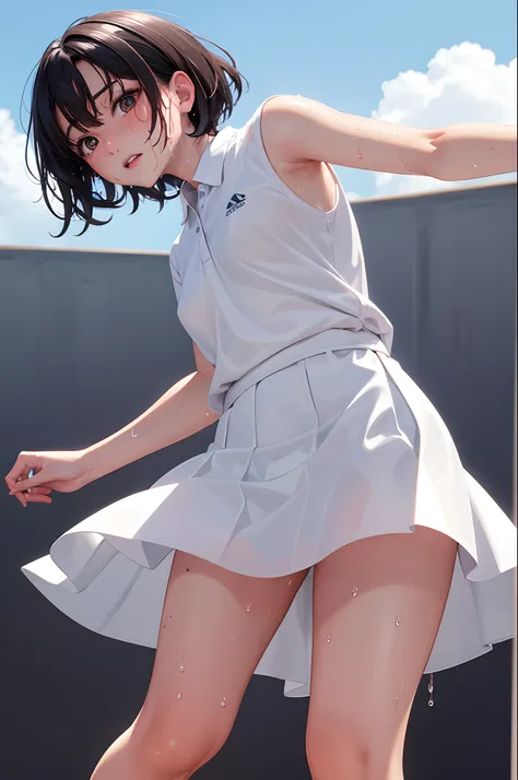 1girl, solo, white polo shirt, white sneakers, tennis wear, white miniskirt, masterpiece, best quality, realistic, hyper-detailed, (shiny skin, sweaty:1.4), absurd, looking at viewer, short black hair, brown eyes, slender, dynamic lighting, high resolution...