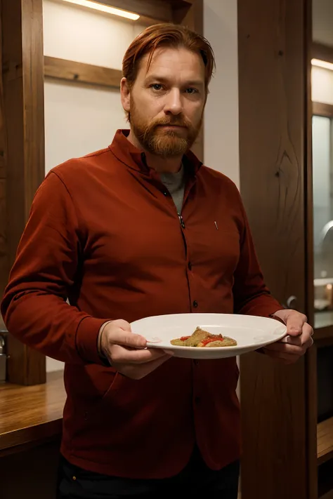 A middle-aged man, red hair, modern，Dutch specialty clothing，Short beard，Full facial face，Hand up，Holding a plate in his hand，Turn your body to the left