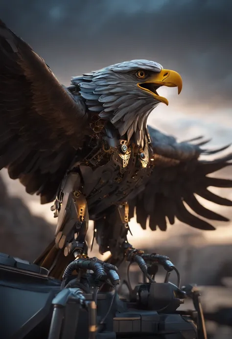 Robotic eagle, 8k unreal engine render, wires and gears, photorealistic