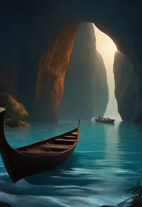 Fearful,a refrigerated entrance to the cave, boats, etc, Absurd 3D Concept Art Design, Disney Pixar Animation Style, Creative, Dark Fantasy, Storyboard