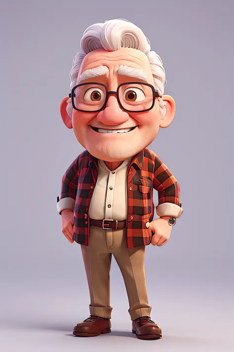 old man in plaid shirt, giving a thumbs up to the camera, full body photo, wearing rectangular glasses with rounded tips, long f...