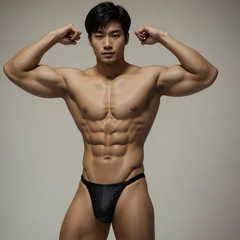 Korean, a male swimmer in a black triangular swimsuit with light tan, Muscular body, Naked