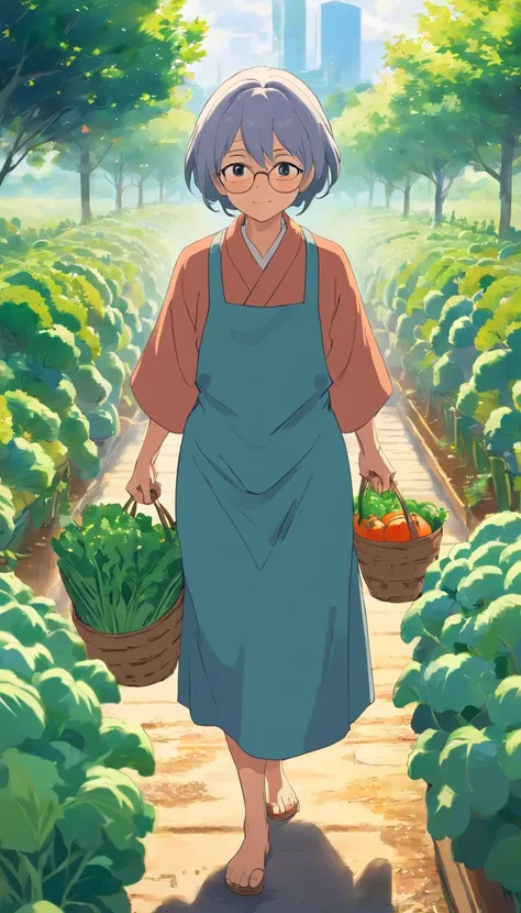 The old woman harvests vegetables in the garden.