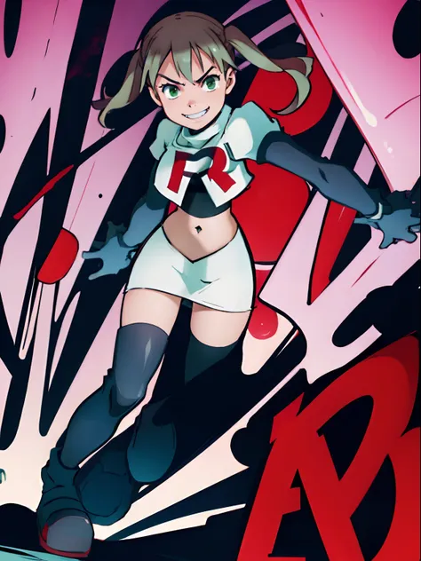 maka albarn, twintails, team rocket,team rocket uniform, red letter r, white skirt,white crop top,black thigh-highs,black elbow ...