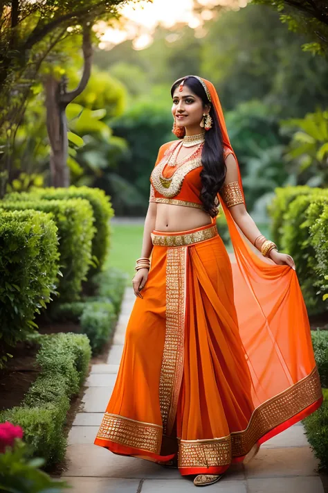 Indian woman、Female sexy、Traditional Indian costume in orange color、In the garden