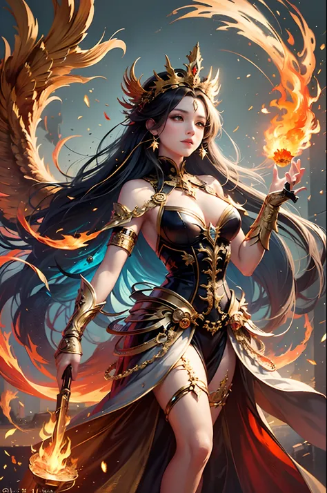 "(Masterpiece, Top Quality: 1.2), Official Art, Ablaze Goddess, Floating Pose, Holding a Fire Phoenix, Detailed Eyes (Embers Gleaming: 1.3), Intricate Fire-Themed Crown, (Fiery Dress: 1.4), Ethereal Flames Background, (Majestic Fire Aura: 1.1), (Glowing Em...