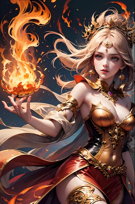 "(masterpiece, top quality: 1.2), official art, ablaze goddess, floating pose, holding a fire phoenix, detailed eyes (embers gle...