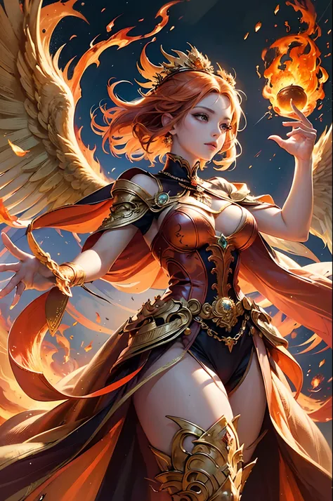 "(masterpiece, top quality: 1.2), official art, ablaze goddess, floating pose, holding a fire phoenix, detailed eyes (embers gle...