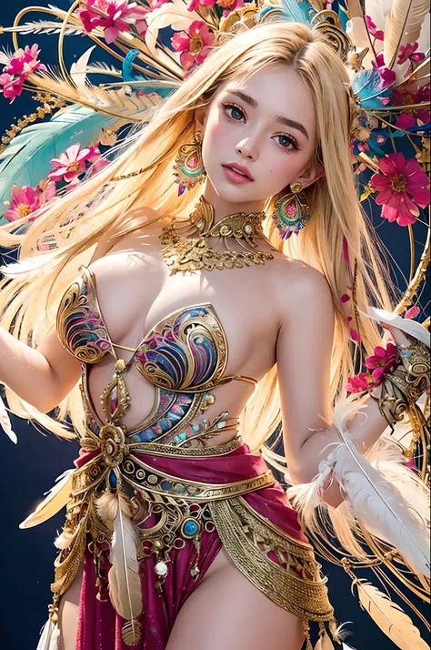 A girl with small breasts, bare shoulders, golden hair, colored feathers, metal ornaments, colored flowers, particles, light rays, (masterpiece, top quality, best quality, official art, beautiful and aesthetic:1.2), (1girl:1.3), extremely detailed,(fractal...