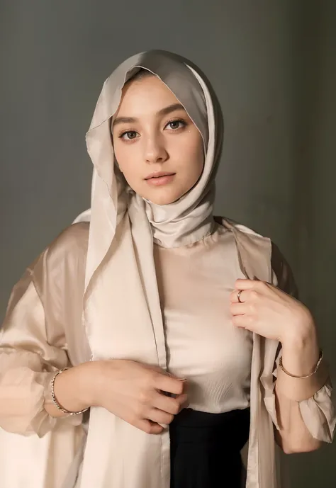 Photo of 25 year old European girl, RAW, beautiful woman, ((gray satin headscarf), loosely tide hijab style), ((portrait)), (Detailed face: 1.2)), (Detailed facial features)), manga eyes, (Fine skin), pale skin, high detail ((brown satin shirt and satin lo...