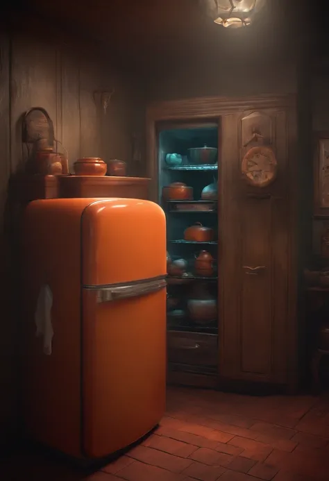 hell,terrifying,refrigerator, absurderes,Creative, 3D Concept Art Design, Disney Pixar animation style, Creative, dark fantasy, Storyboard