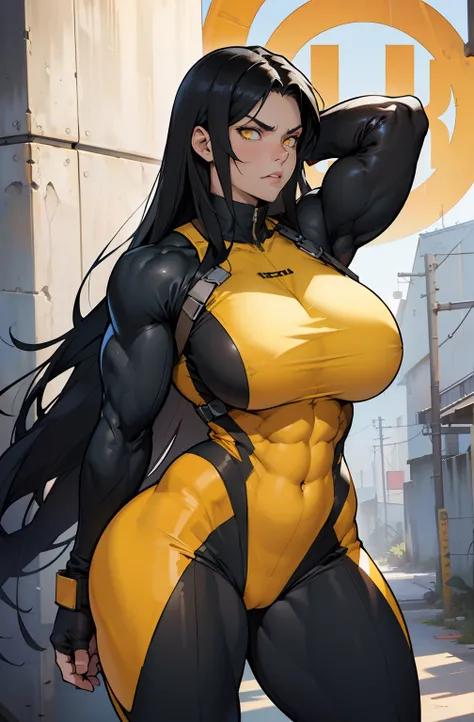 solo, ((1 girl)), very long hair, black hair, angry, yellow eyes, ((((muscular)))), ((huge tits)), ((thick thighs)), ((wide hips)), (cowboy shot), pale skin, standing, toned body, skinsuit