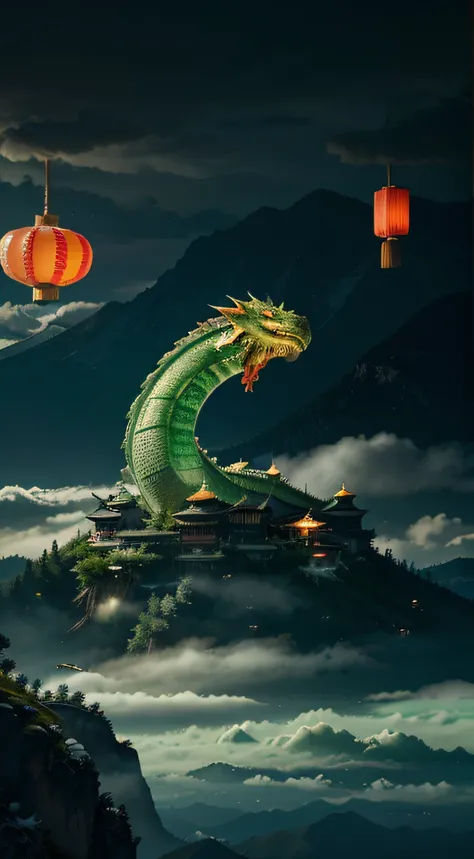 Inside a Chinese tea, A grandiose Chinese dragon snaking between rocky mountains, Where Green Tea, ginger and mint grow. The dragon blows a mystical cloud that turns into tea spirals, Under a sky illuminated by floating lanterns. Green Prevailing Style Ill...