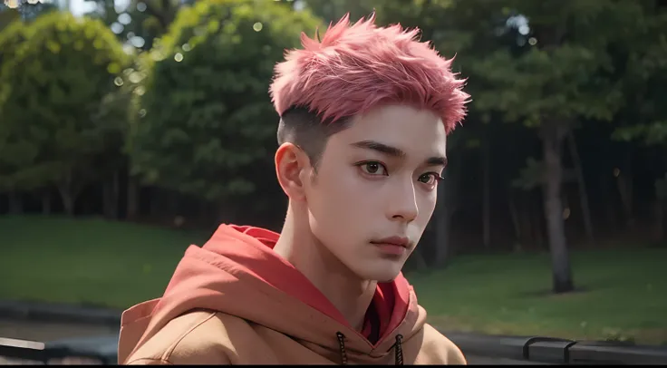 itadori_yuuji, pink hair, undercut, light brown eyes, red hoodie, black long sleeve, handsome, upper body, solo, 1man, detailed face, intricate eyes, film grain