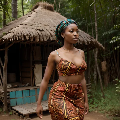 A beautiful African woman approaching a hut in a forest and she is wearing African prints and doesnt look realistic